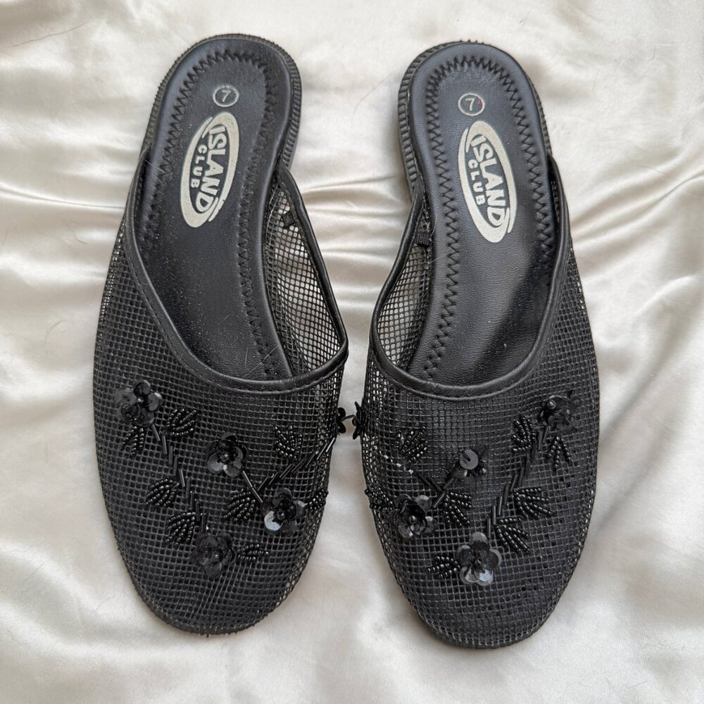 Black Beaded Mesh Slide Sandals
